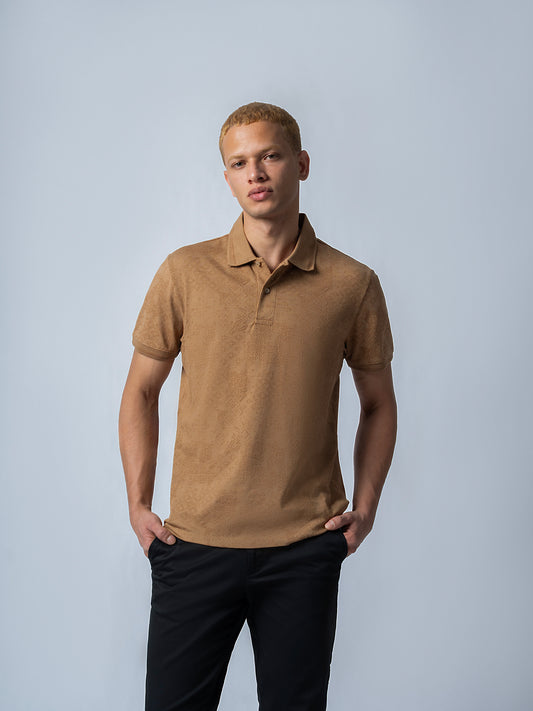 Supima Cotton Print and Honeycomb Textured Khaki Polo for Men