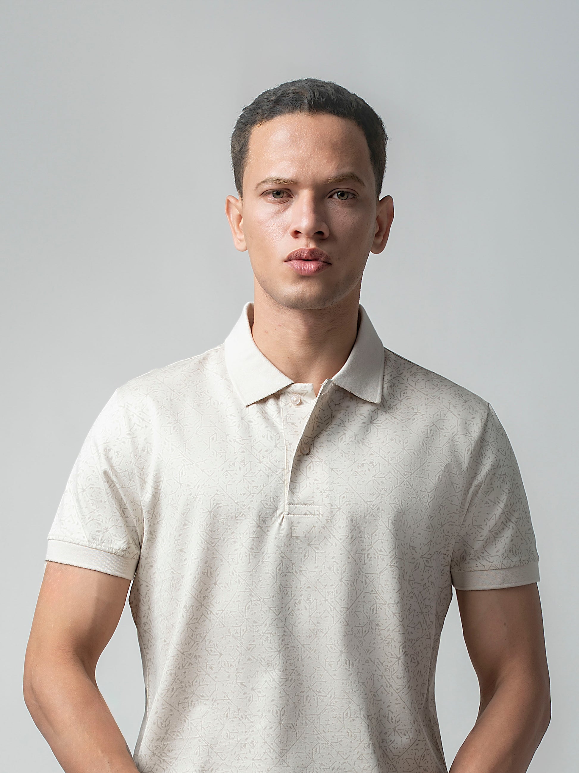 Supima Cotton Print and Slim DTM Collar Beige Polo for Men