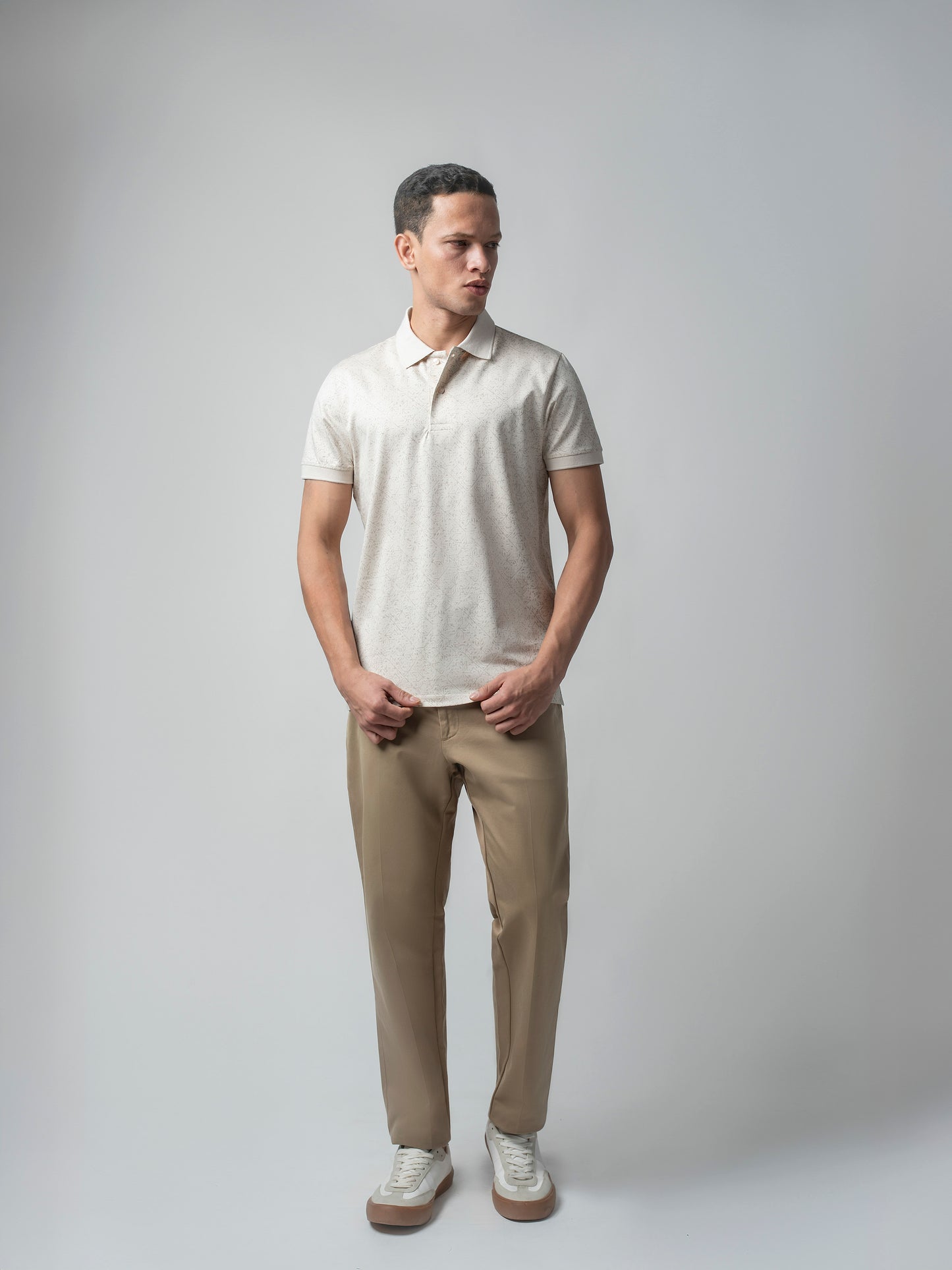 Supima Cotton Print and Slim DTM Collar Beige Polo for Men