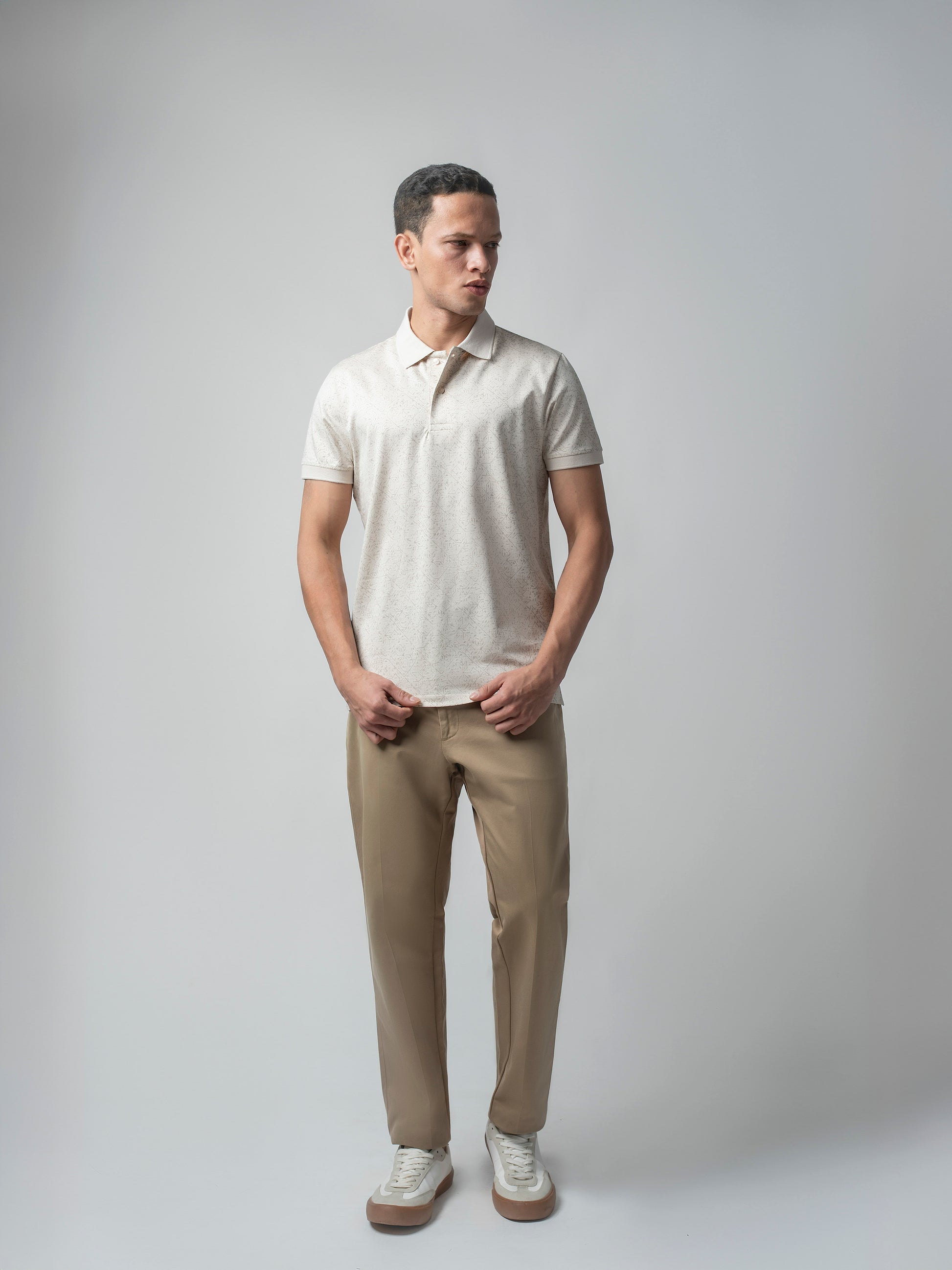 Supima Cotton Print and Slim DTM Collar Beige Polo for Men