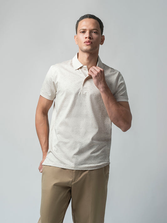 Supima Cotton Print and Slim DTM Collar Beige Polo for Men