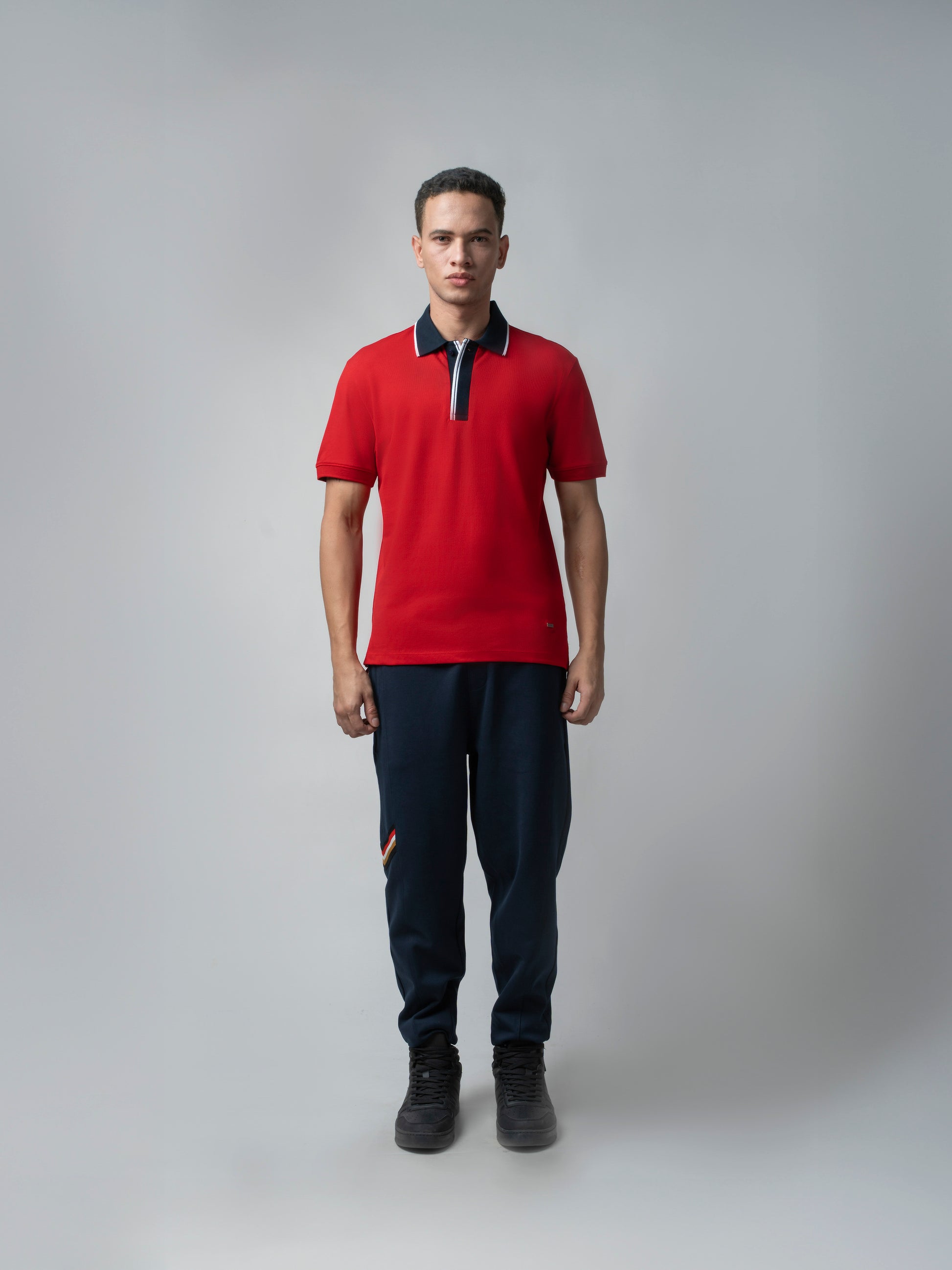 Rougen Cotton Flat Knit Placket and Tipped Collar Red Polo for Men