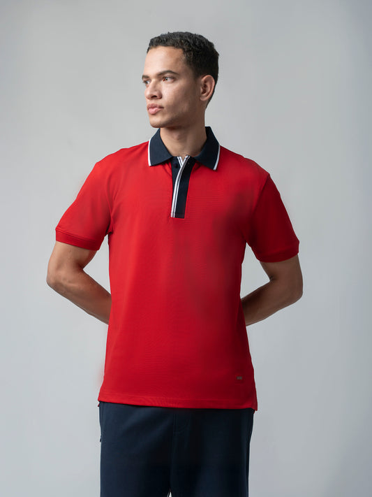 Rougen Cotton Flat Knit Placket and Tipped Collar Red Polo for Men