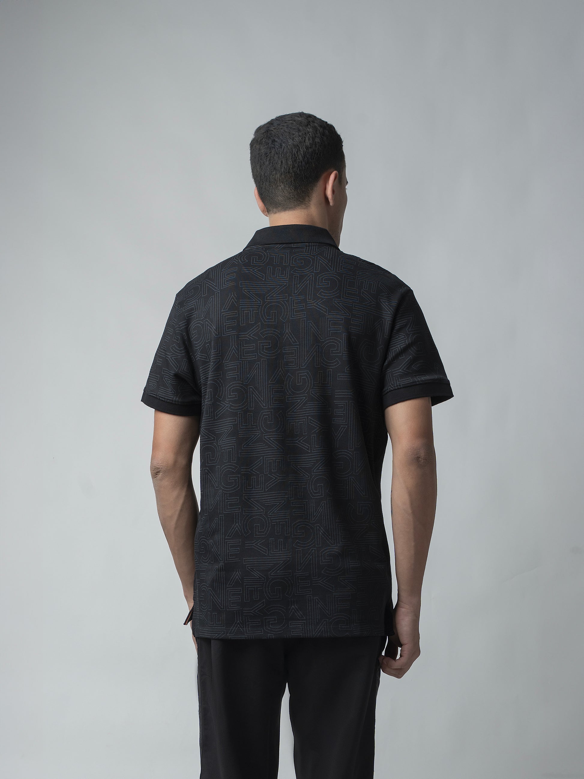 Supima Cotton All-Over Print and DTM Collar Black Polo for Men