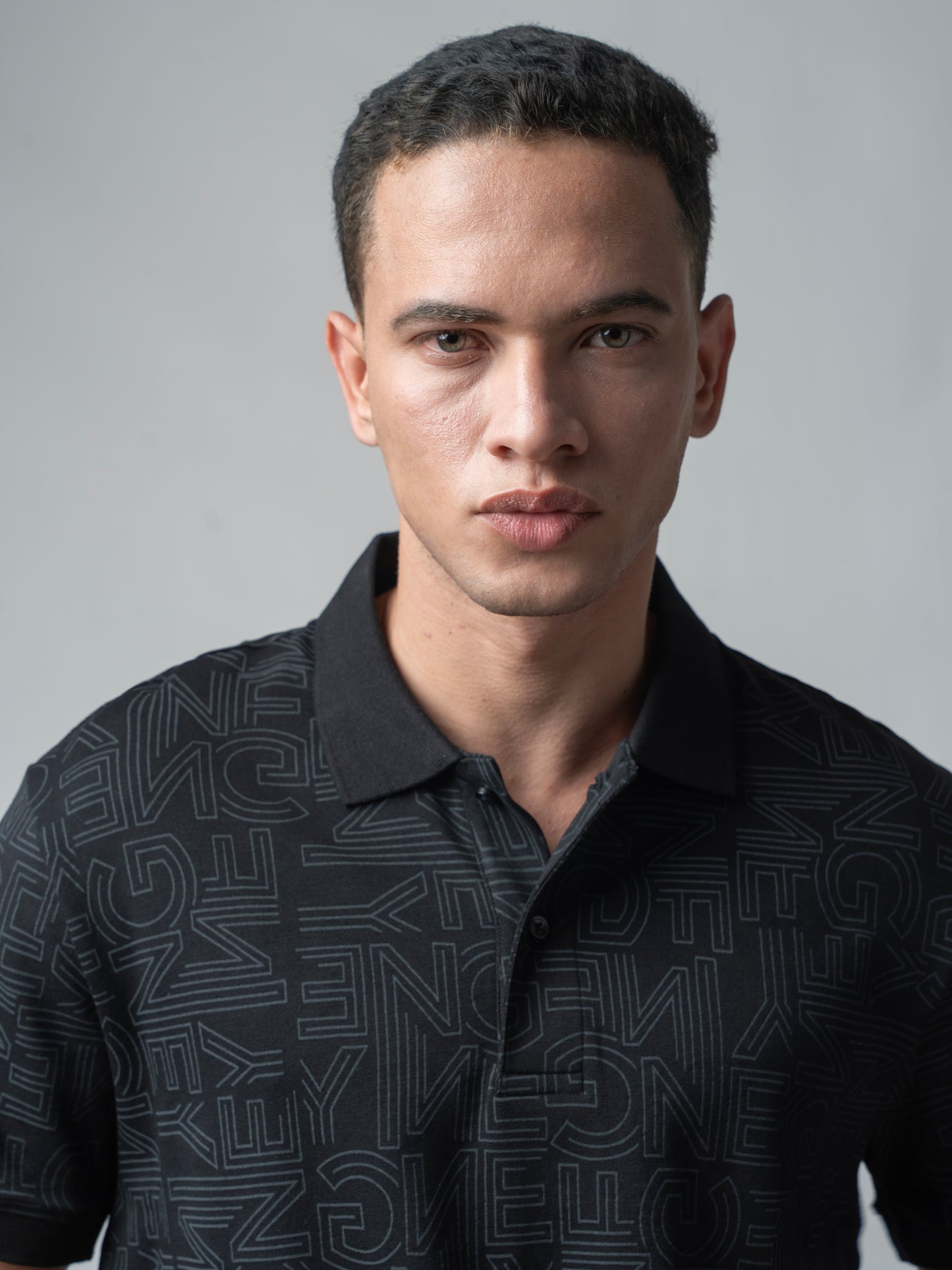 Supima Cotton All-Over Print and DTM Collar Black Polo for Men