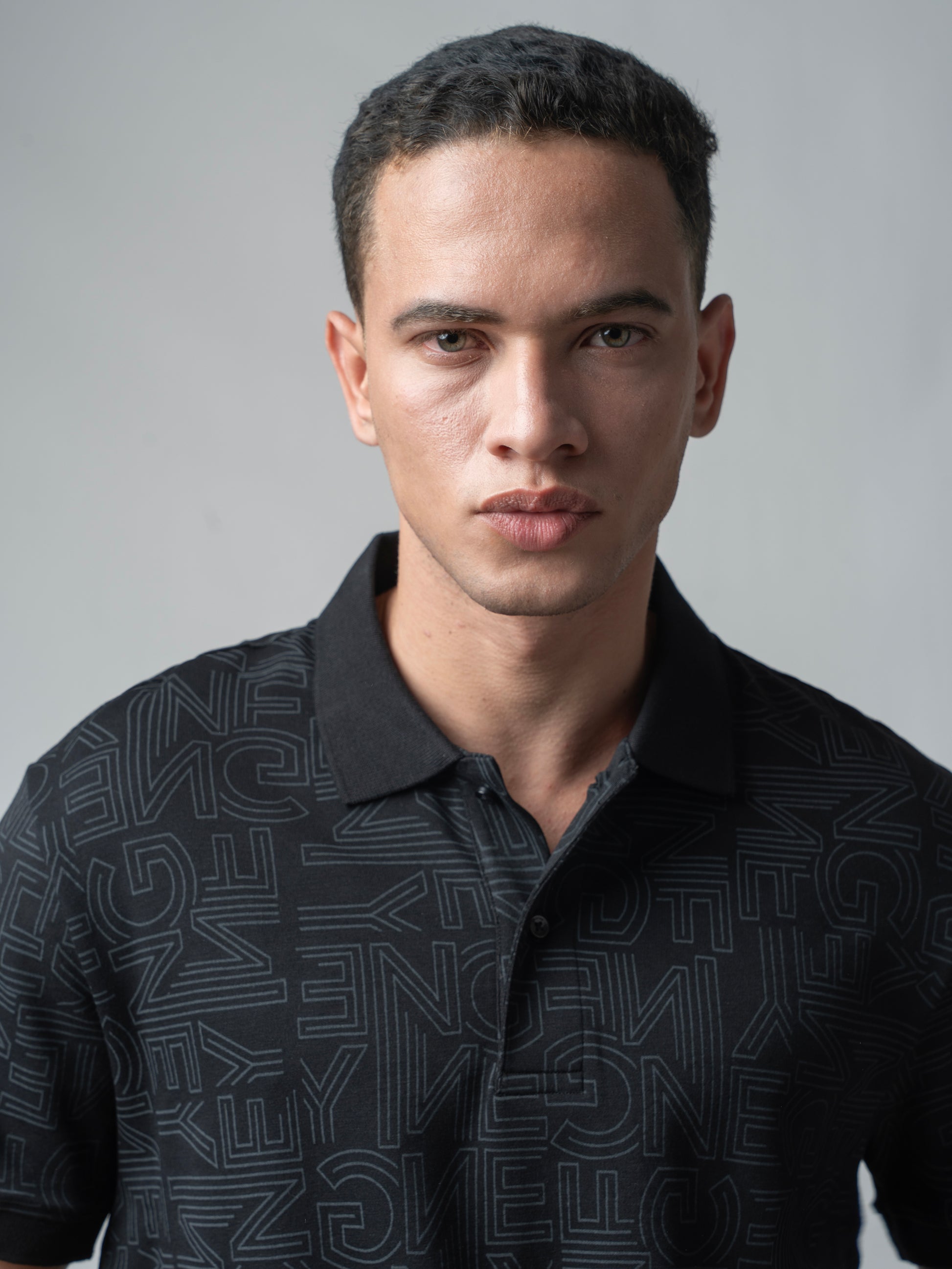 Supima Cotton All-Over Print and DTM Collar Black Polo for Men
