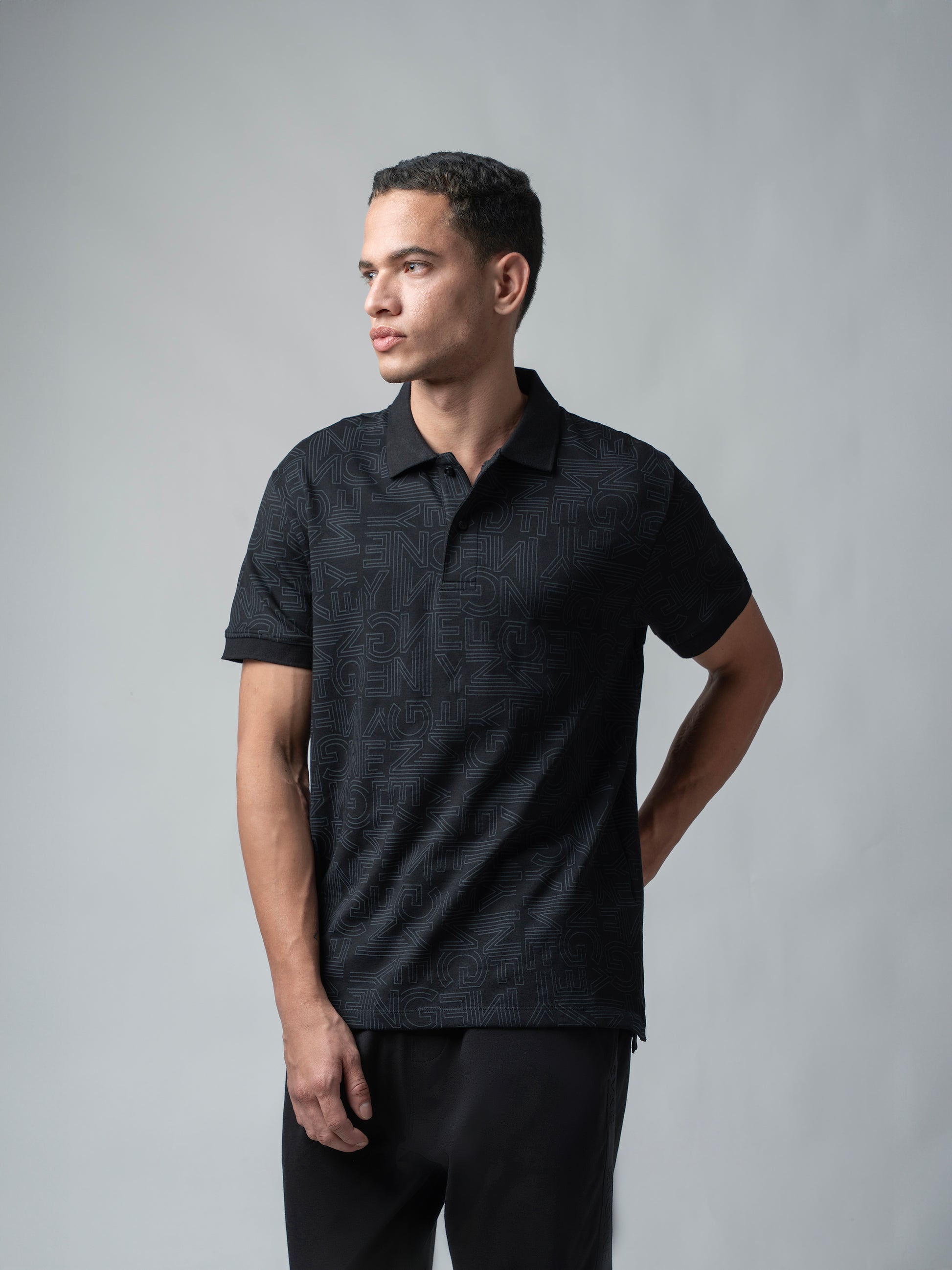 Supima Cotton All-Over Print and DTM Collar Black Polo for Men