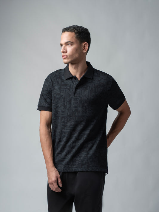 Supima Cotton All-Over Print and DTM Collar Black Polo for Men