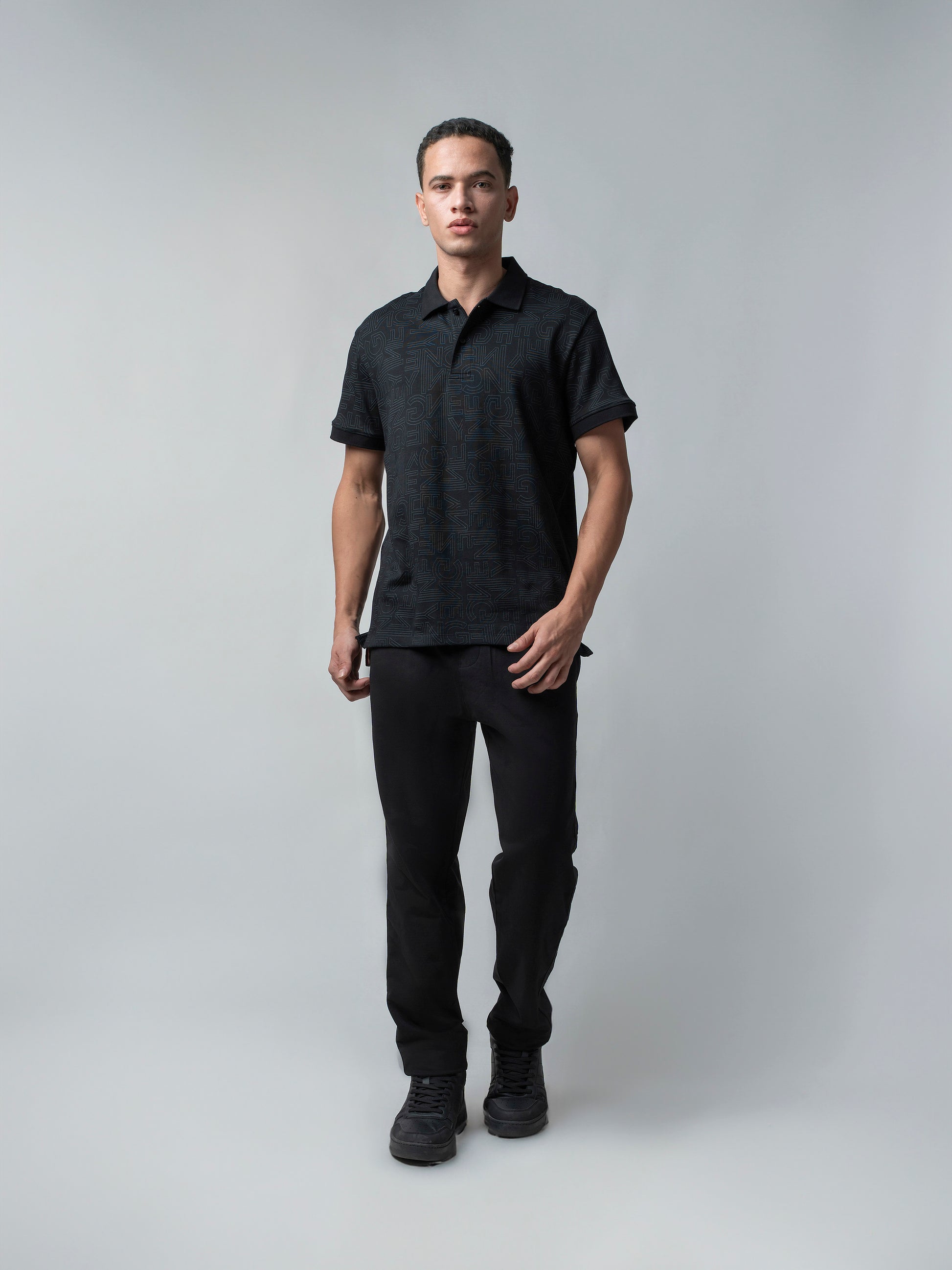 Supima Cotton All-Over Print and DTM Collar Black Polo for Men