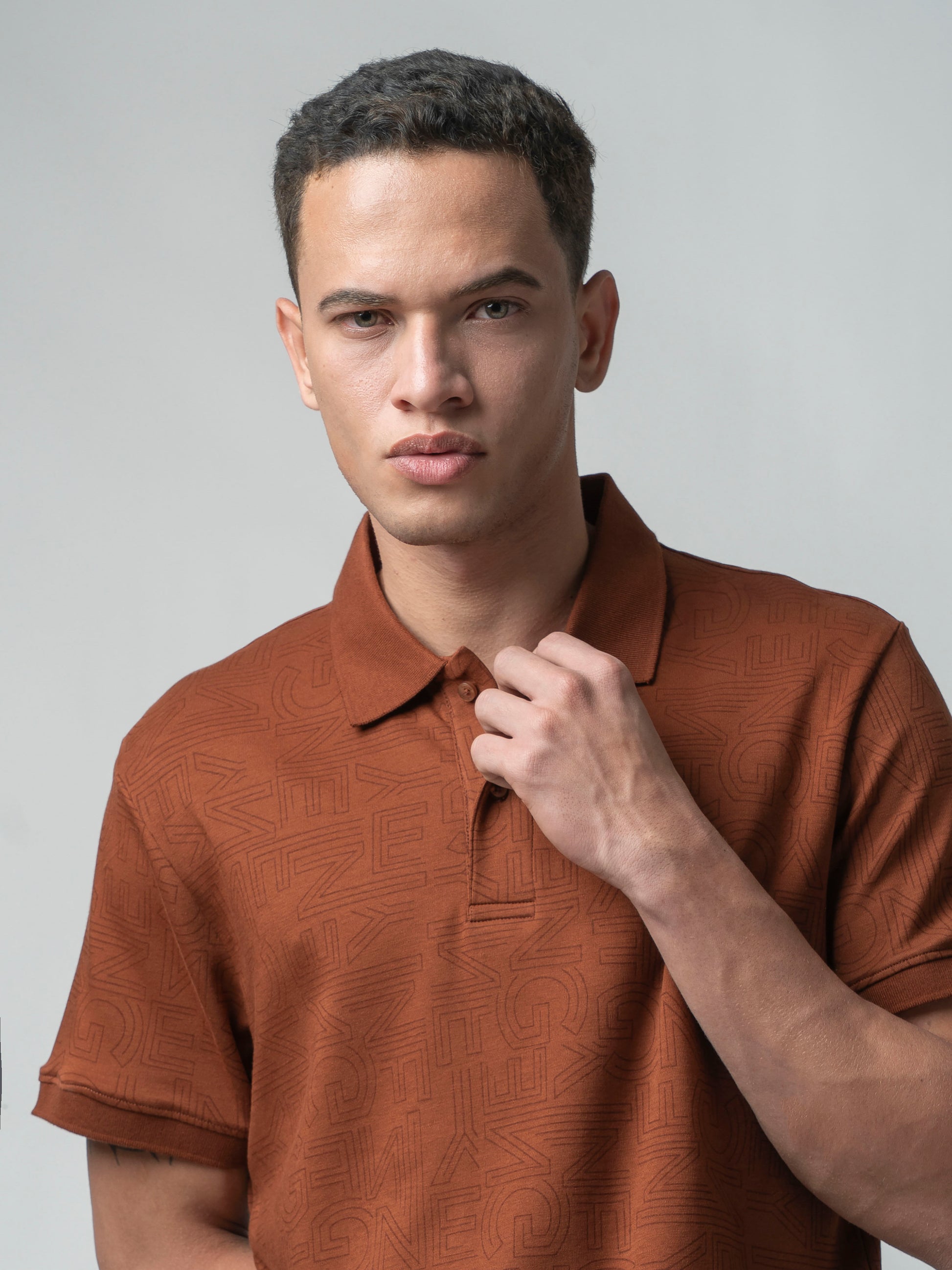 Supima Cotton All-Over Print and DTM Collar Brown Polo for Men