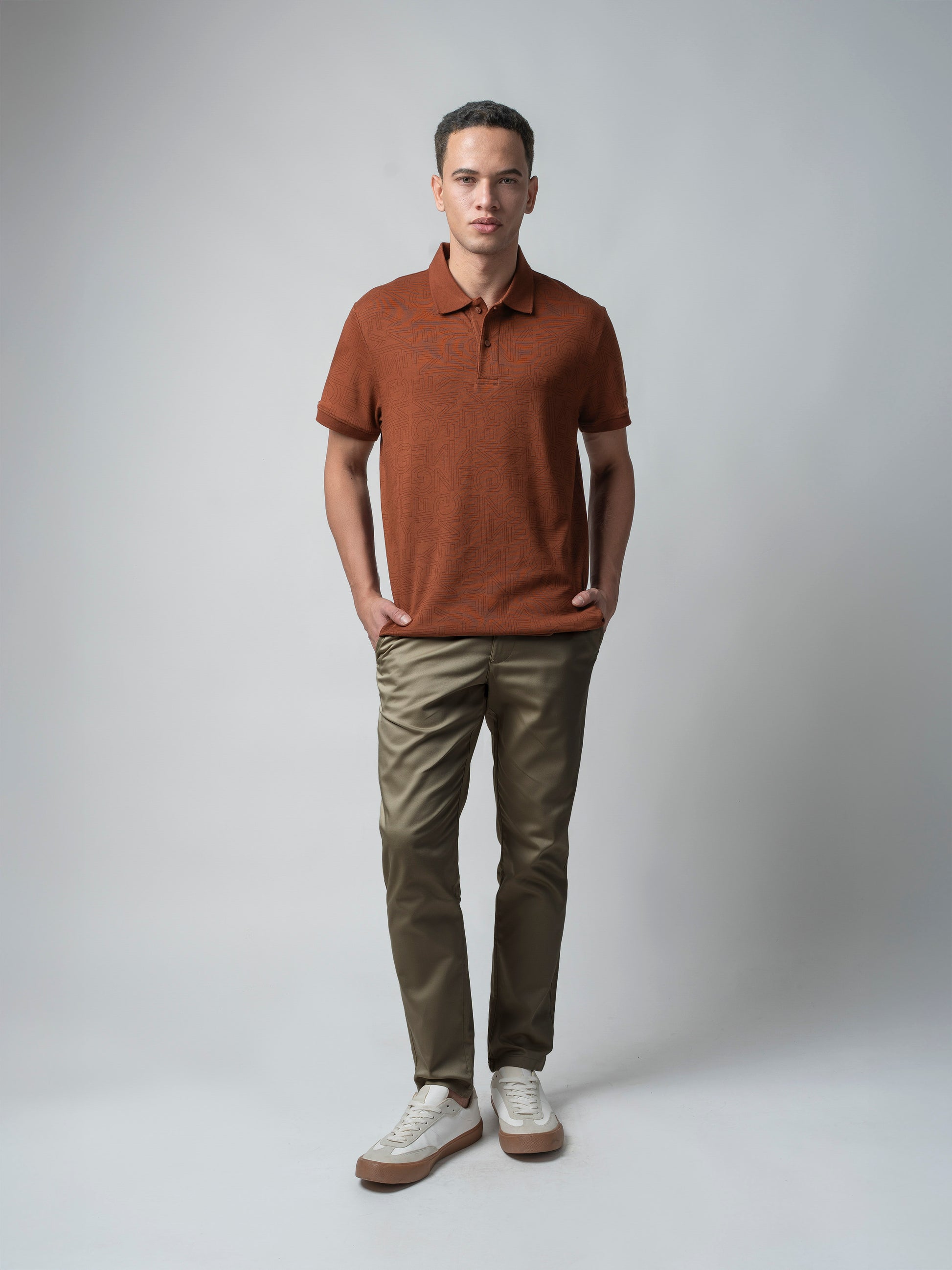 Supima Cotton All-Over Print and DTM Collar Brown Polo for Men