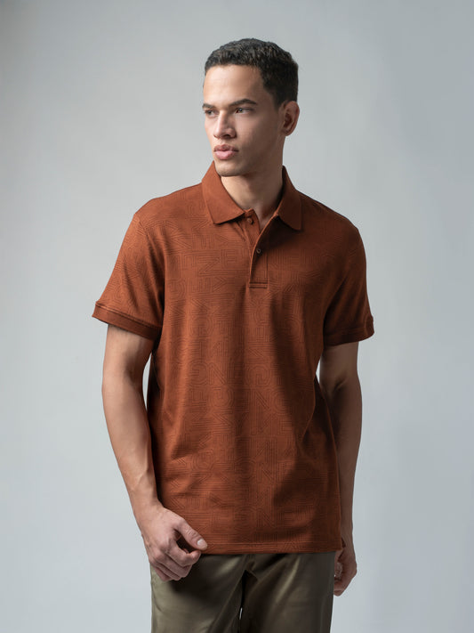 Supima Cotton All-Over Print and DTM Collar Brown Polo for Men