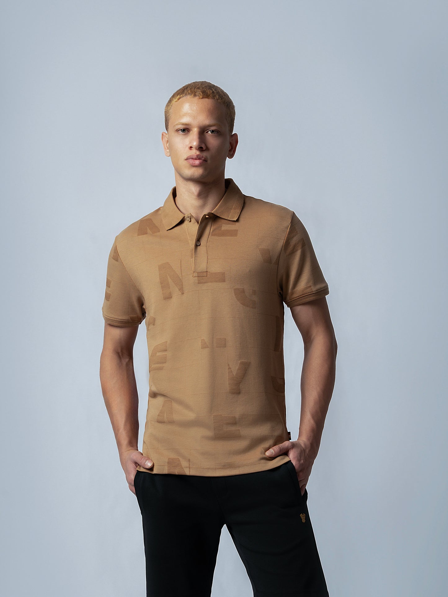 Supima Cotton All-Over Print Honeycomb Textured Khaki Polo for Men