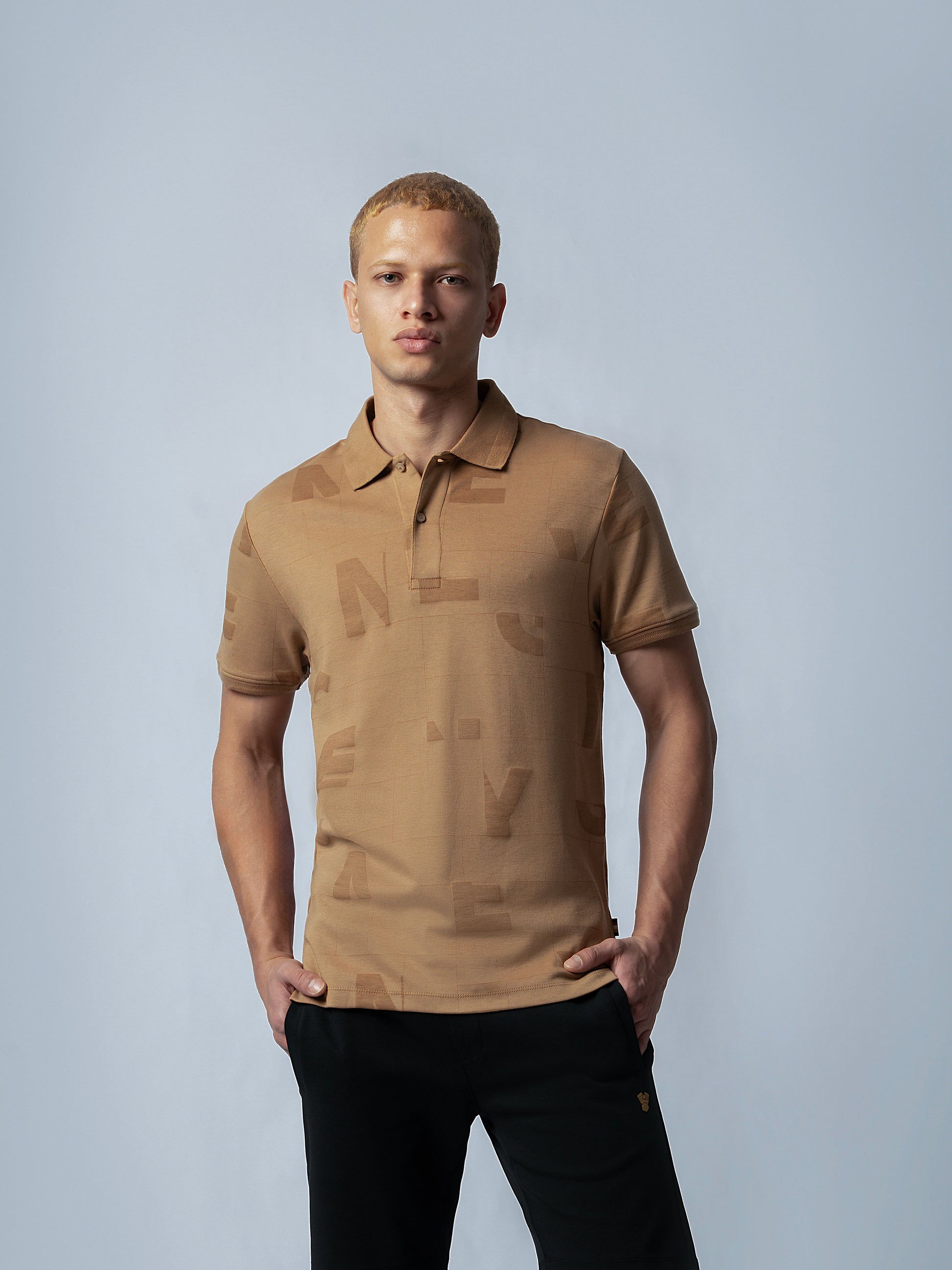 Supima Cotton All-Over Print Honeycomb Textured Khaki Polo for Men