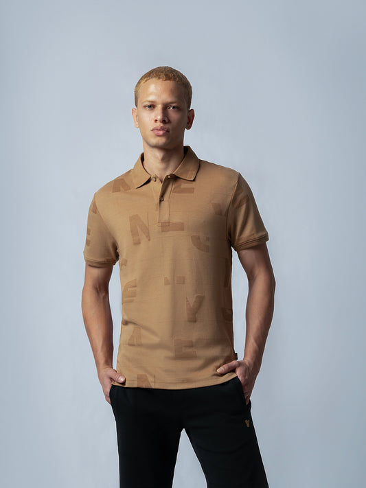 Supima Cotton All-Over Print Honeycomb Textured Khaki Polo for Men