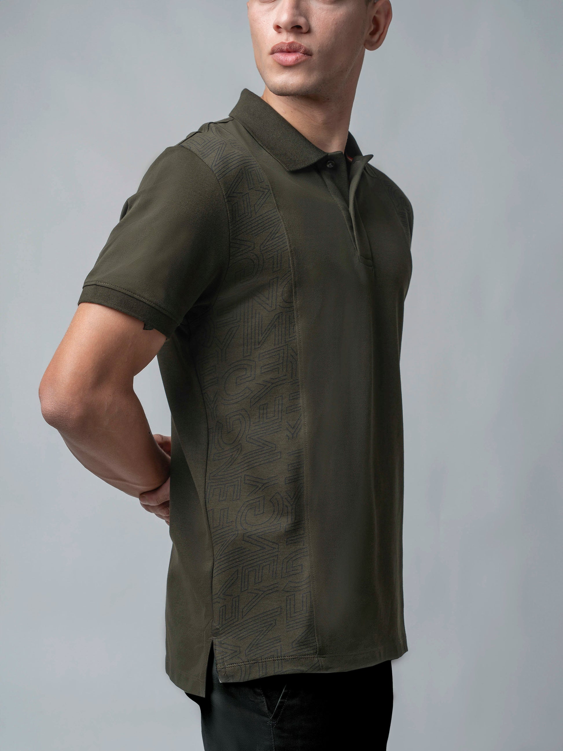 Supima Cotton Panel Print and Cut-and-Sew Olive Polo for Men