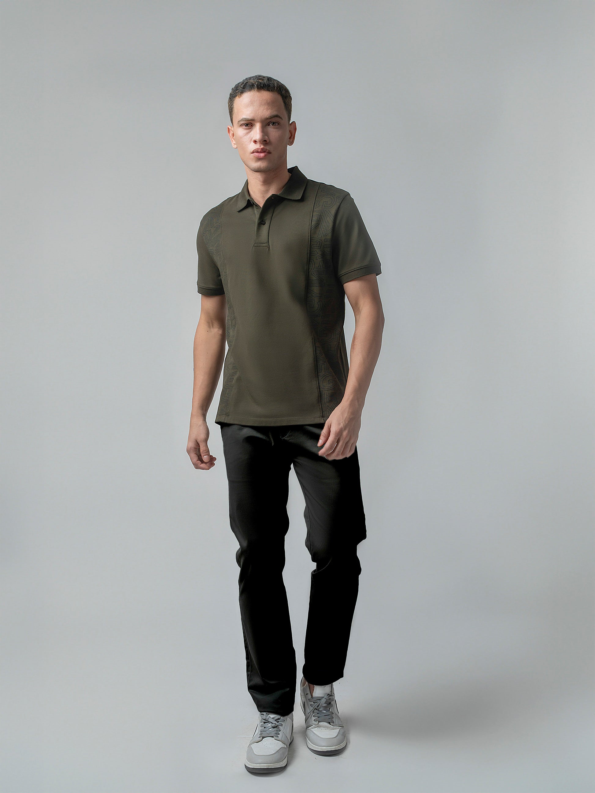 Supima Cotton Panel Print and Cut-and-Sew Olive Polo for Men