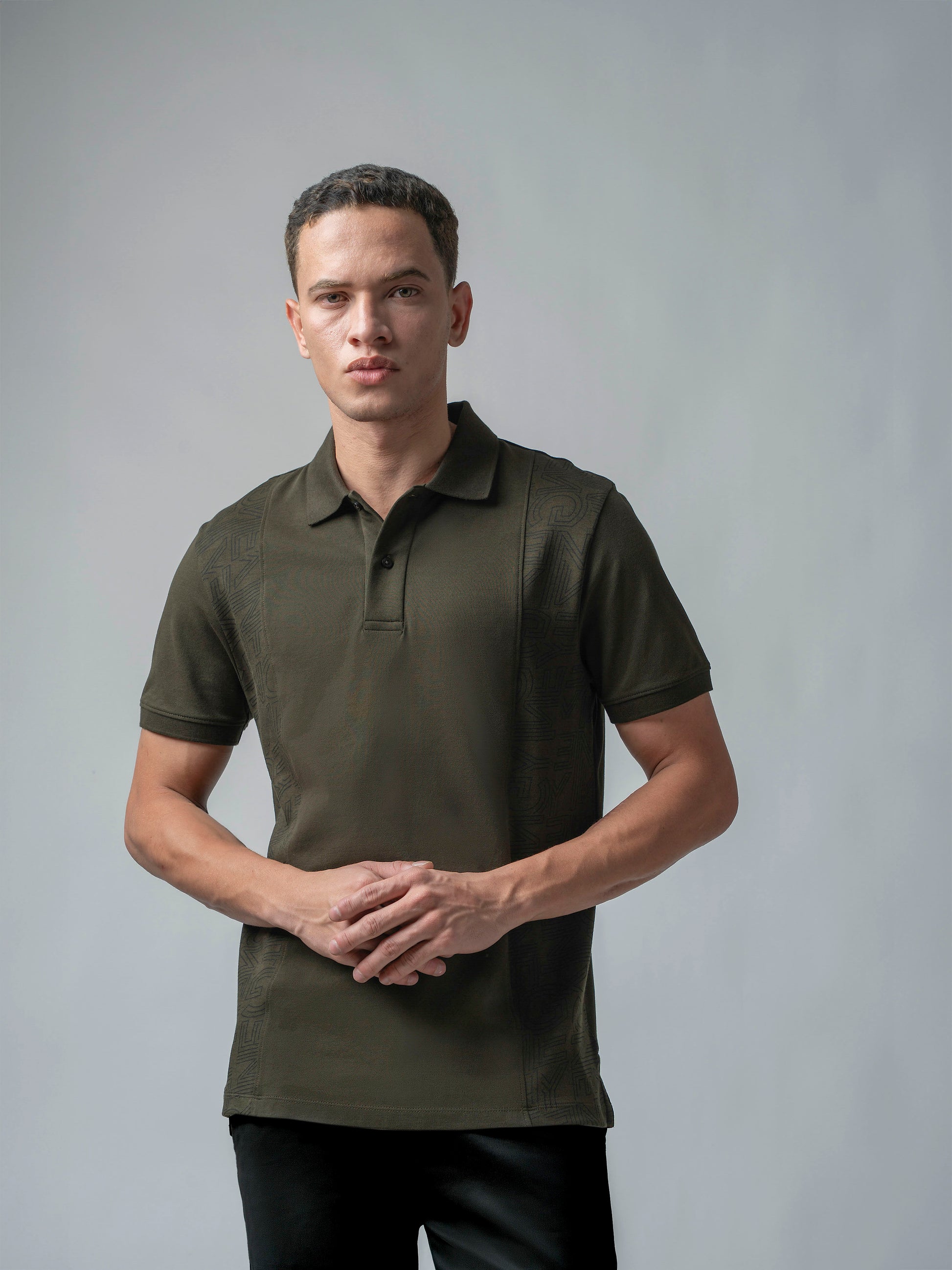 Supima Cotton Panel Print and Cut-and-Sew Olive Polo for Men