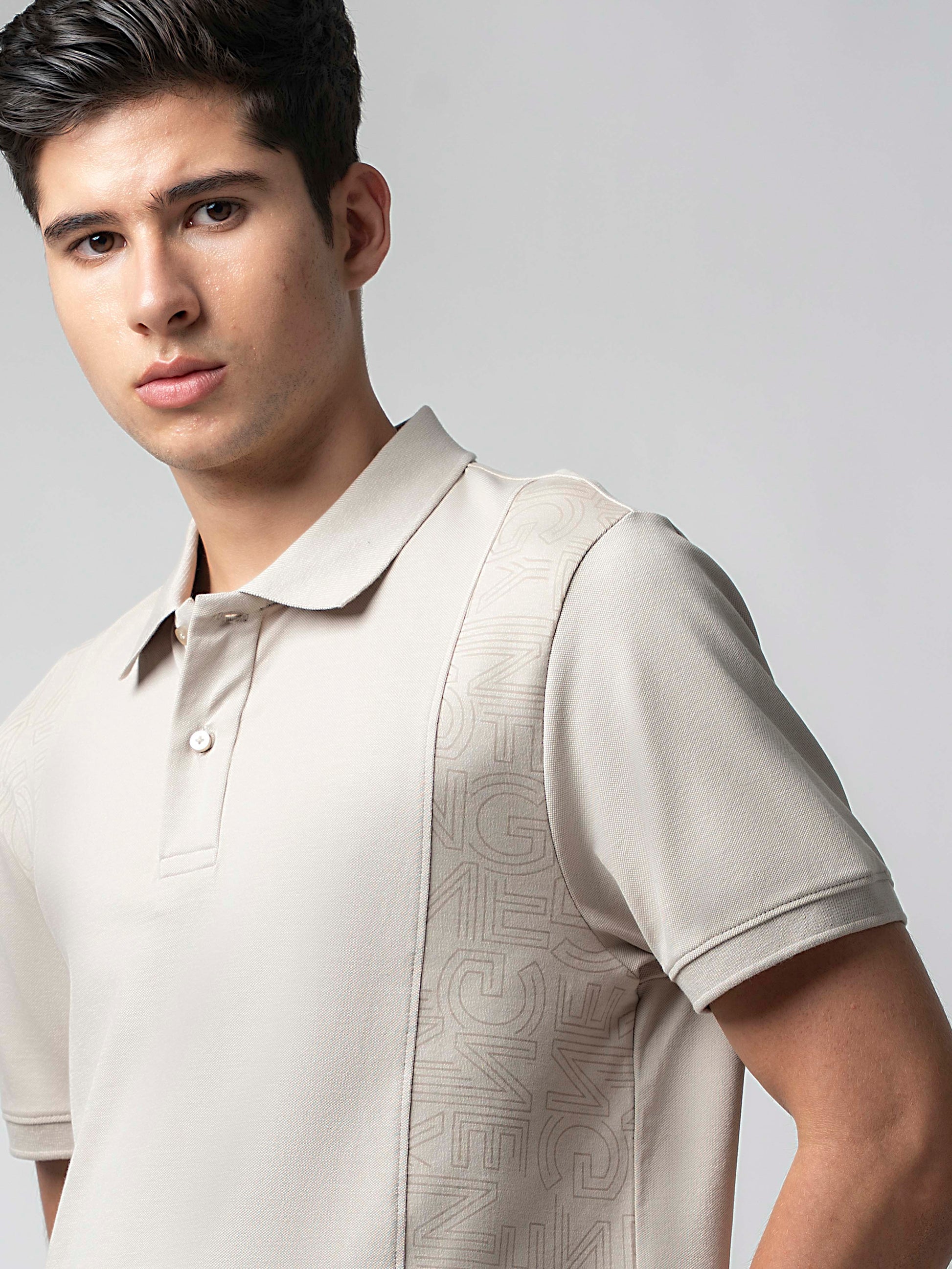 Supima Cotton Panel Print and Cut-and-Sew Sand Polo for Men