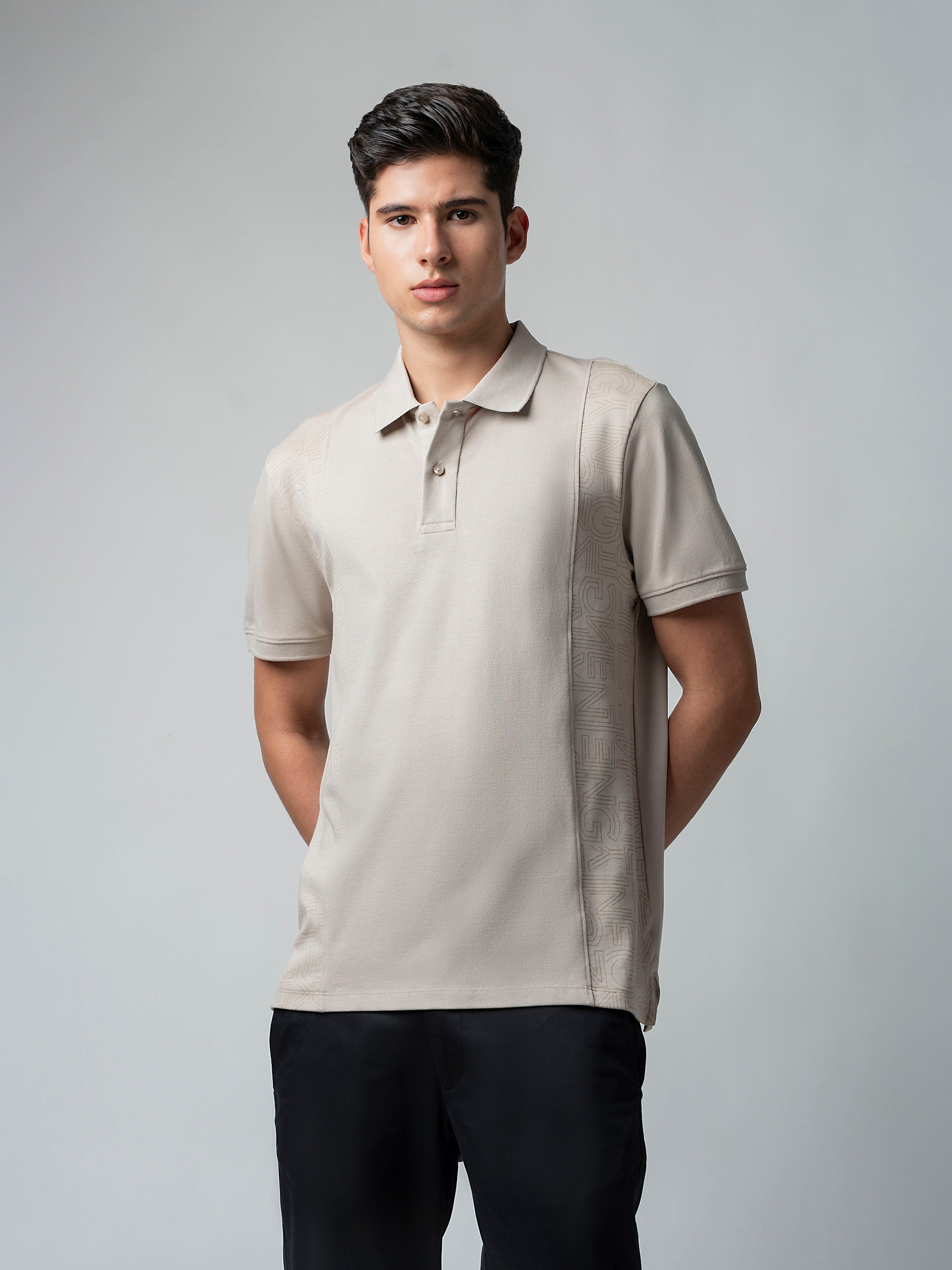 Supima Cotton Panel Print and Cut-and-Sew Sand Polo for Men