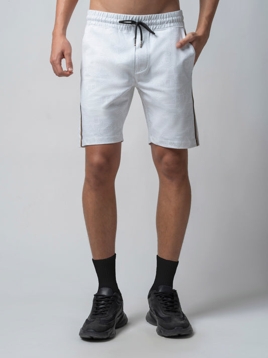 All-Over Discharge Print White Cotton Shorts For Men