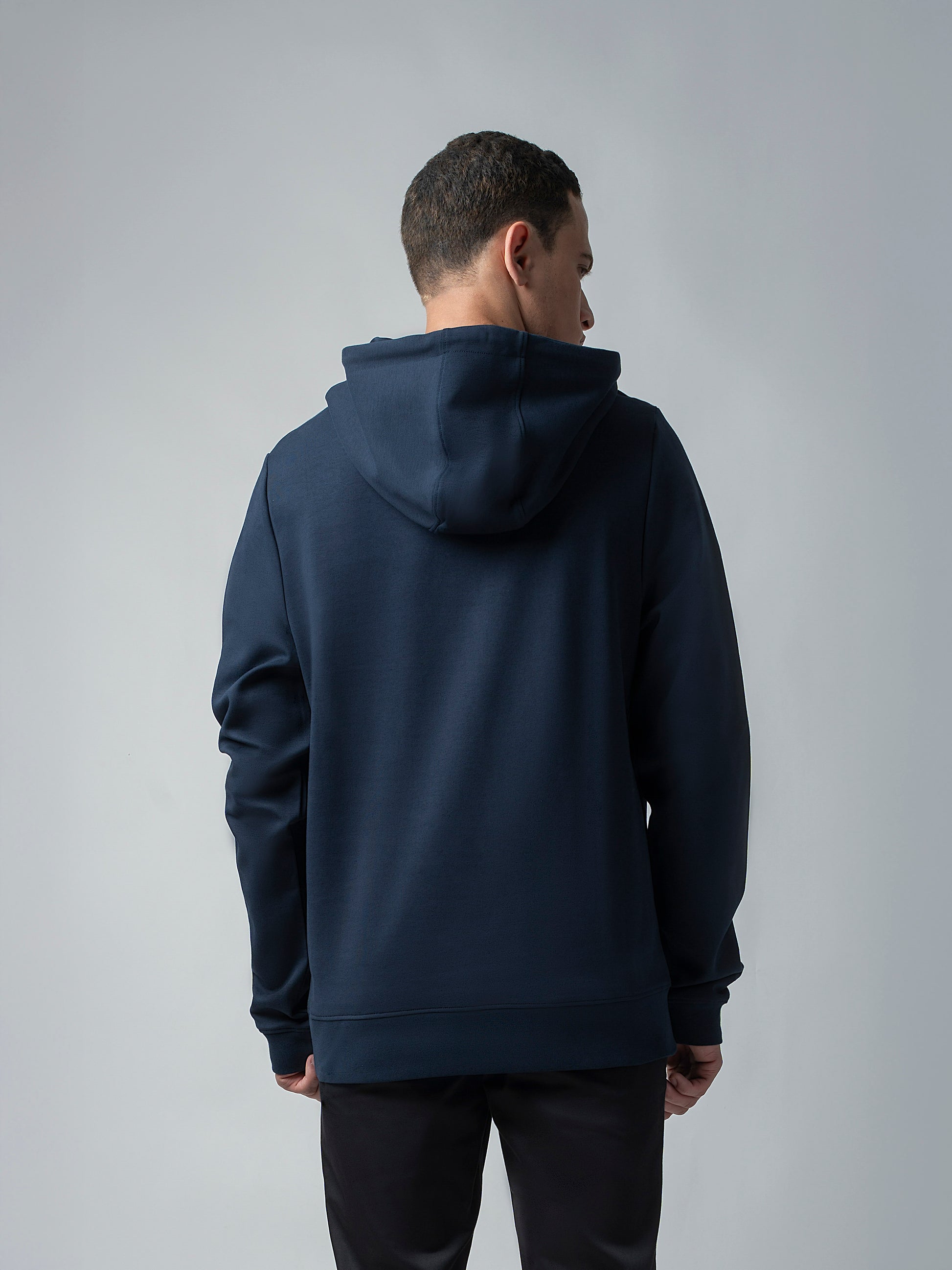 Navy Blue Hooded Sweatshirt with Contrast HD Print for Men