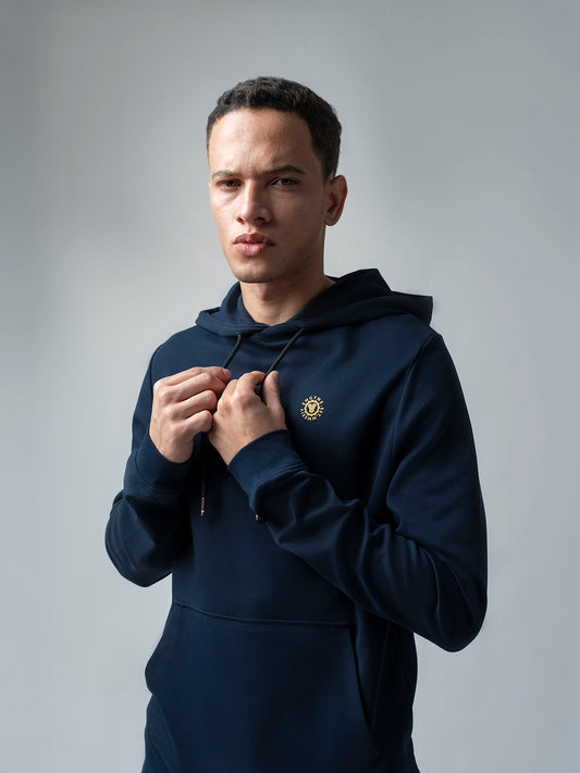 Navy Blue Hooded Sweatshirt with Contrast HD Print for Men