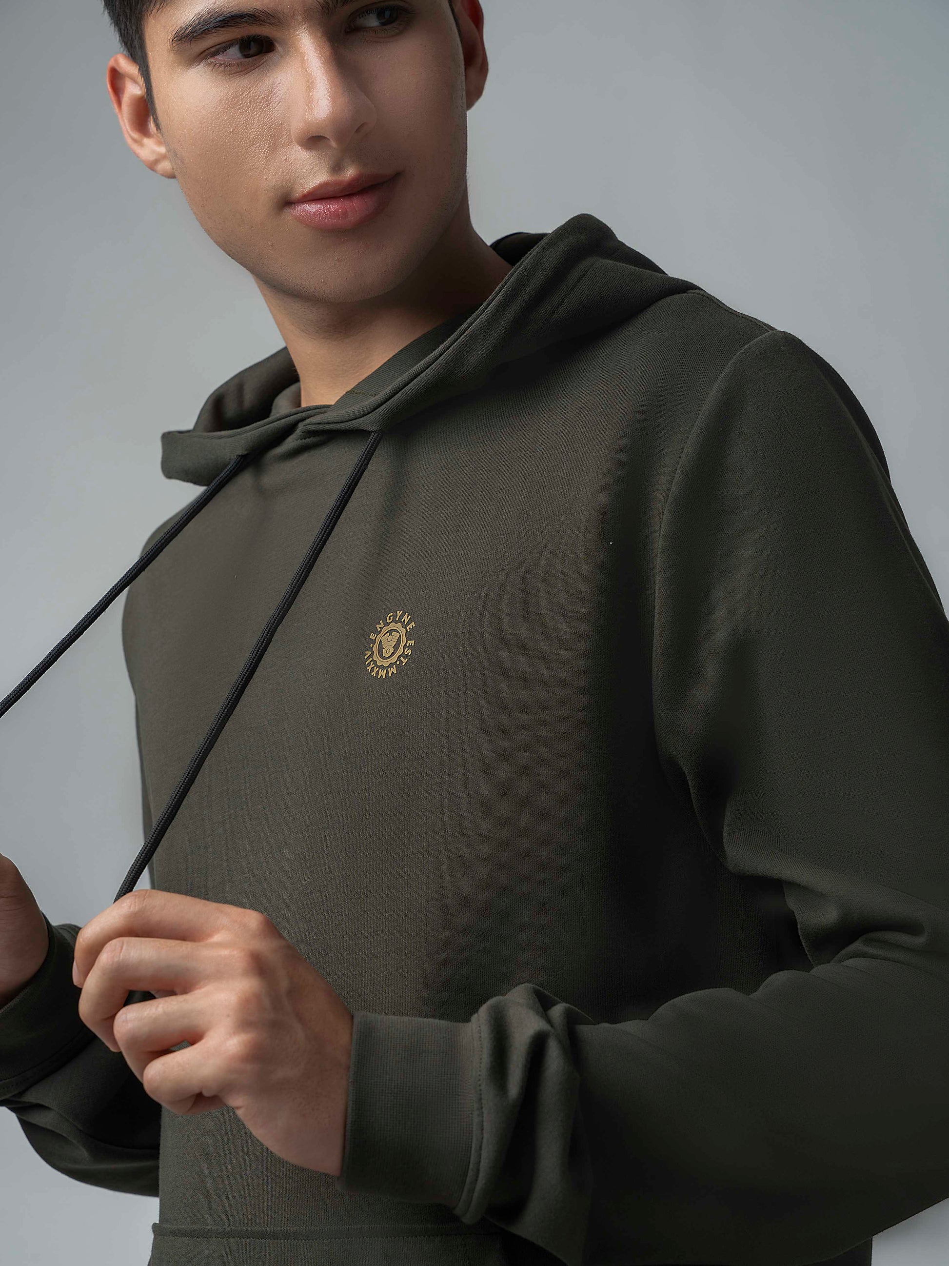 Olive Green Hoodie Sweatshirt with Contrast HD Print