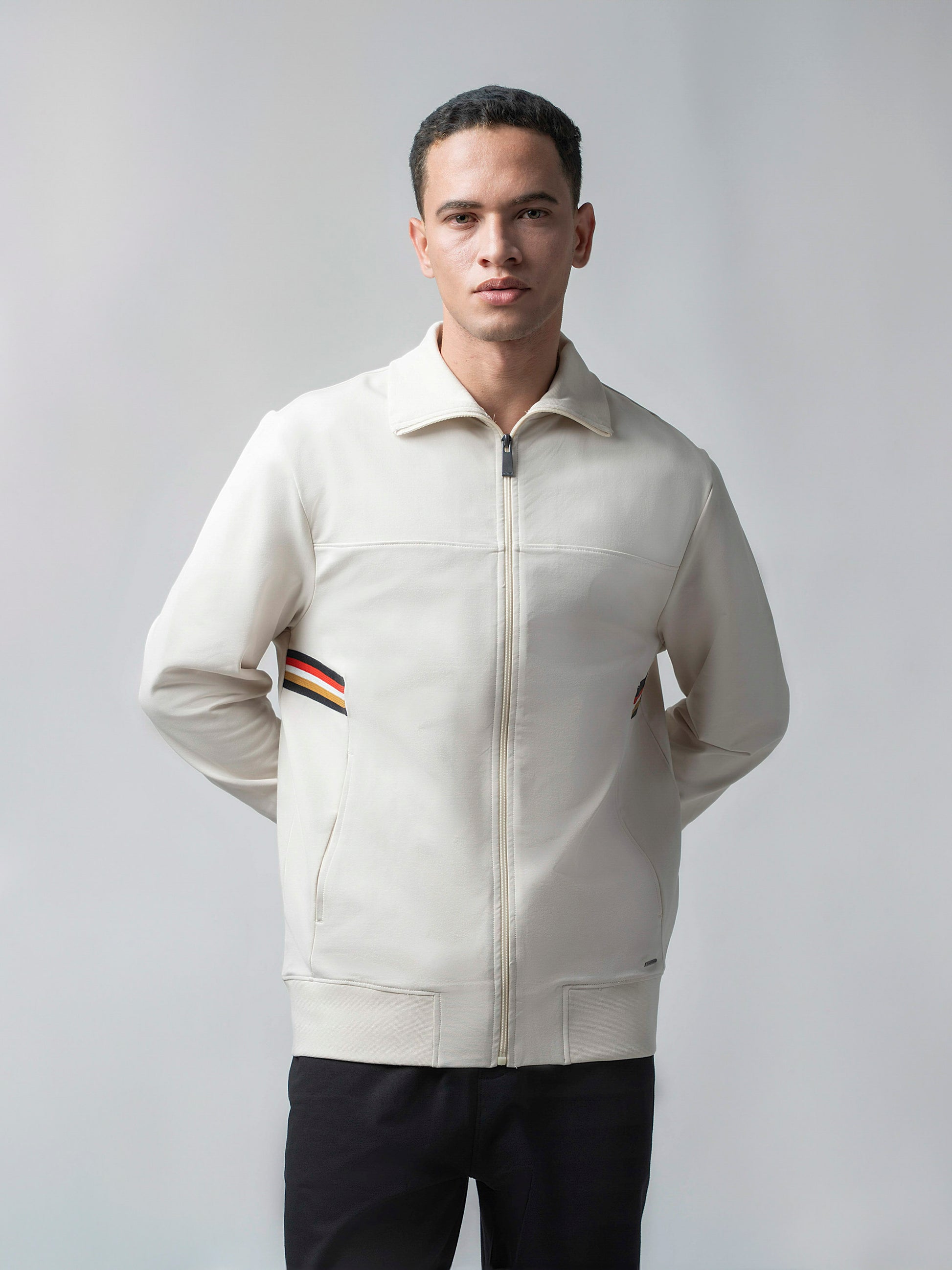 Beige Zipper Sweat Shirt For Men with 4-Color Flag Tape