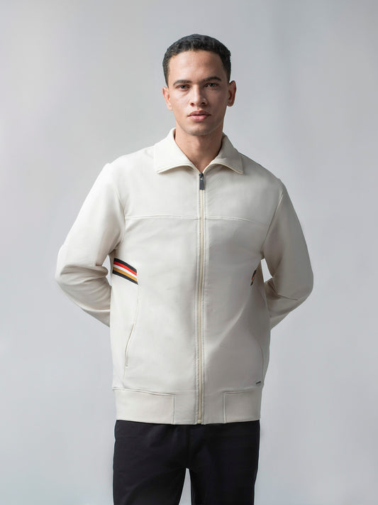 Beige Zipper Sweat Shirt For Men with 4-Color Flag Tape