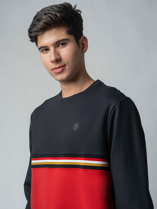 Crew Neck Two-Tone Red Sweatshirt with 4-Color Chest Rib for men 