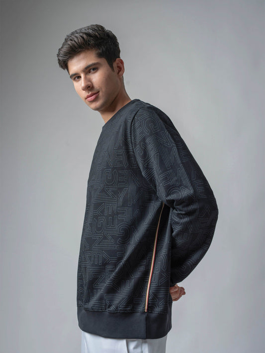 Crew Neck Sweatshirt with All-Over Rotary Print and Side Flag Tape Black - ENGYNE