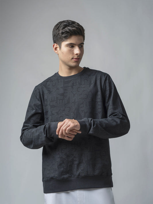 Black Crewneck Sweatshirt with Prints and Side Flag Tape for men