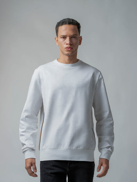  White Crew Neck Sweatshirt with Prints and Side Flag Tape 