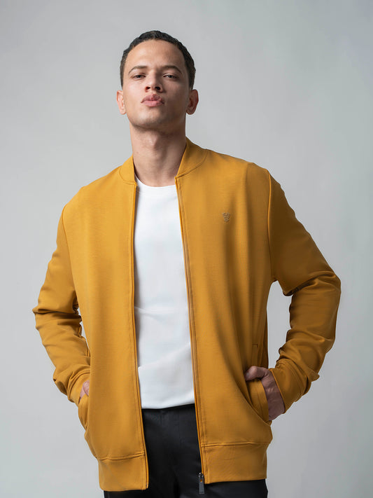 Mustard Gold  Baseball Collar Mens Zip Up Sweatshirts 