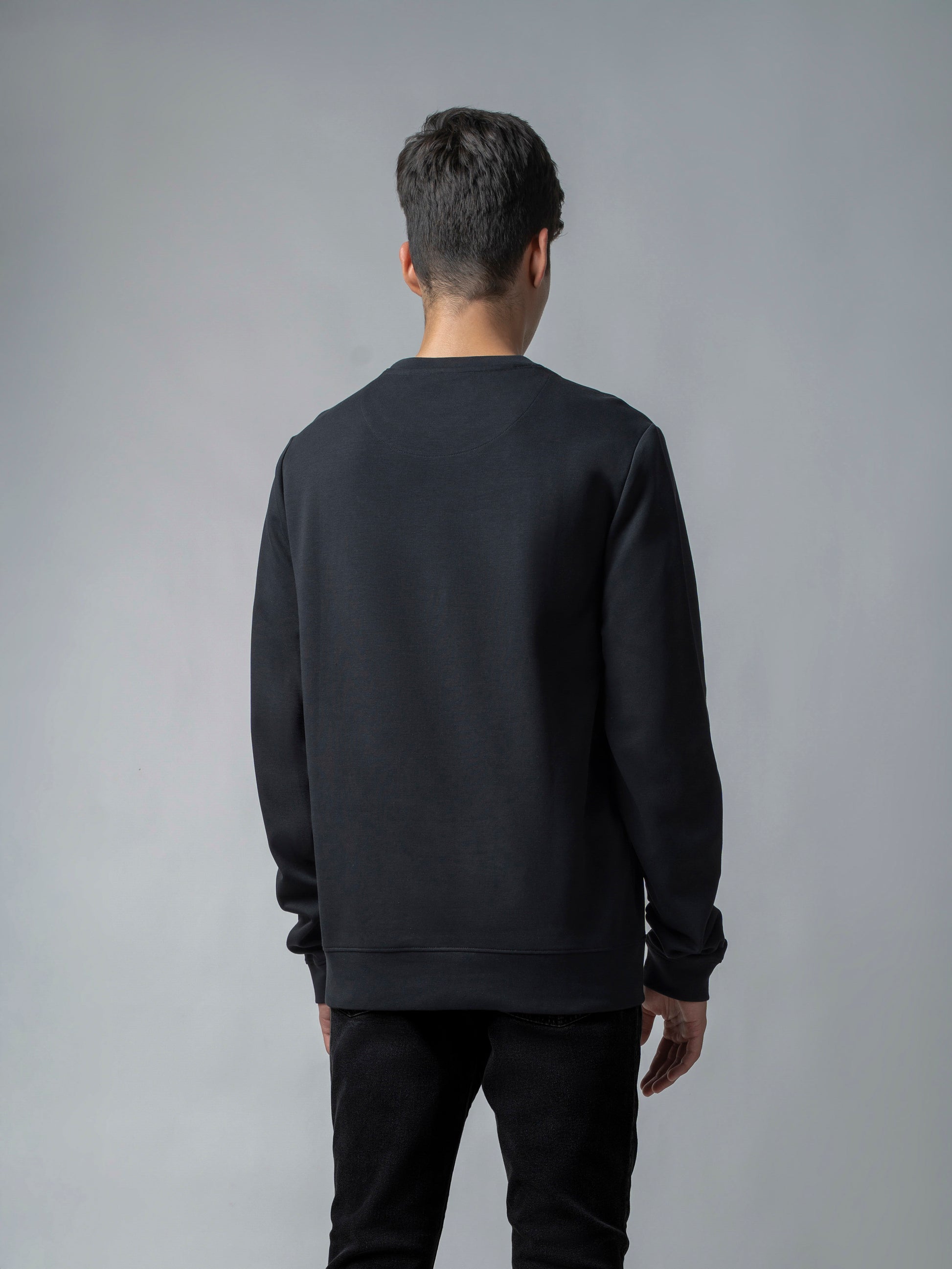 Crew Neck Black Sweatshirt with Floral Chest Embroidery for Men