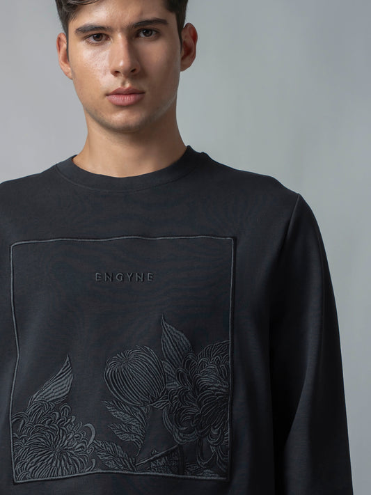 Crew Neck Black Sweatshirt with Floral Chest Embroidery for Men