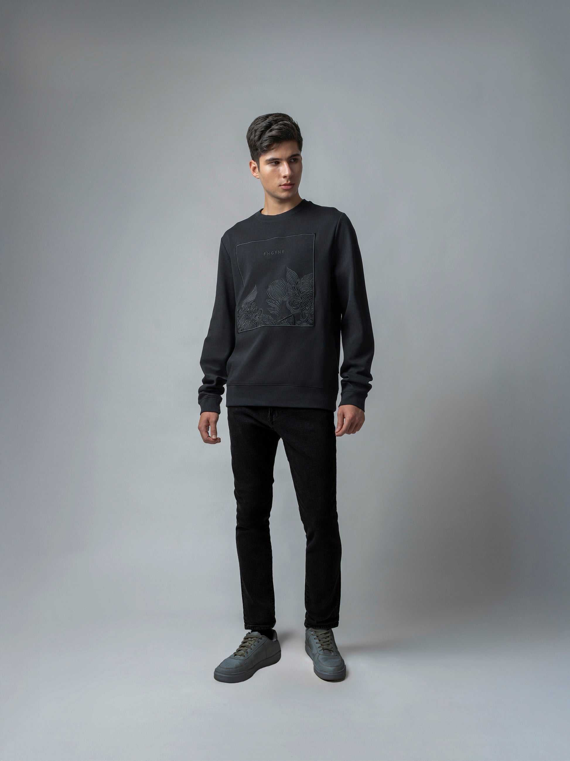 Crew Neck Black Sweatshirt with Floral Chest Embroidery for Men