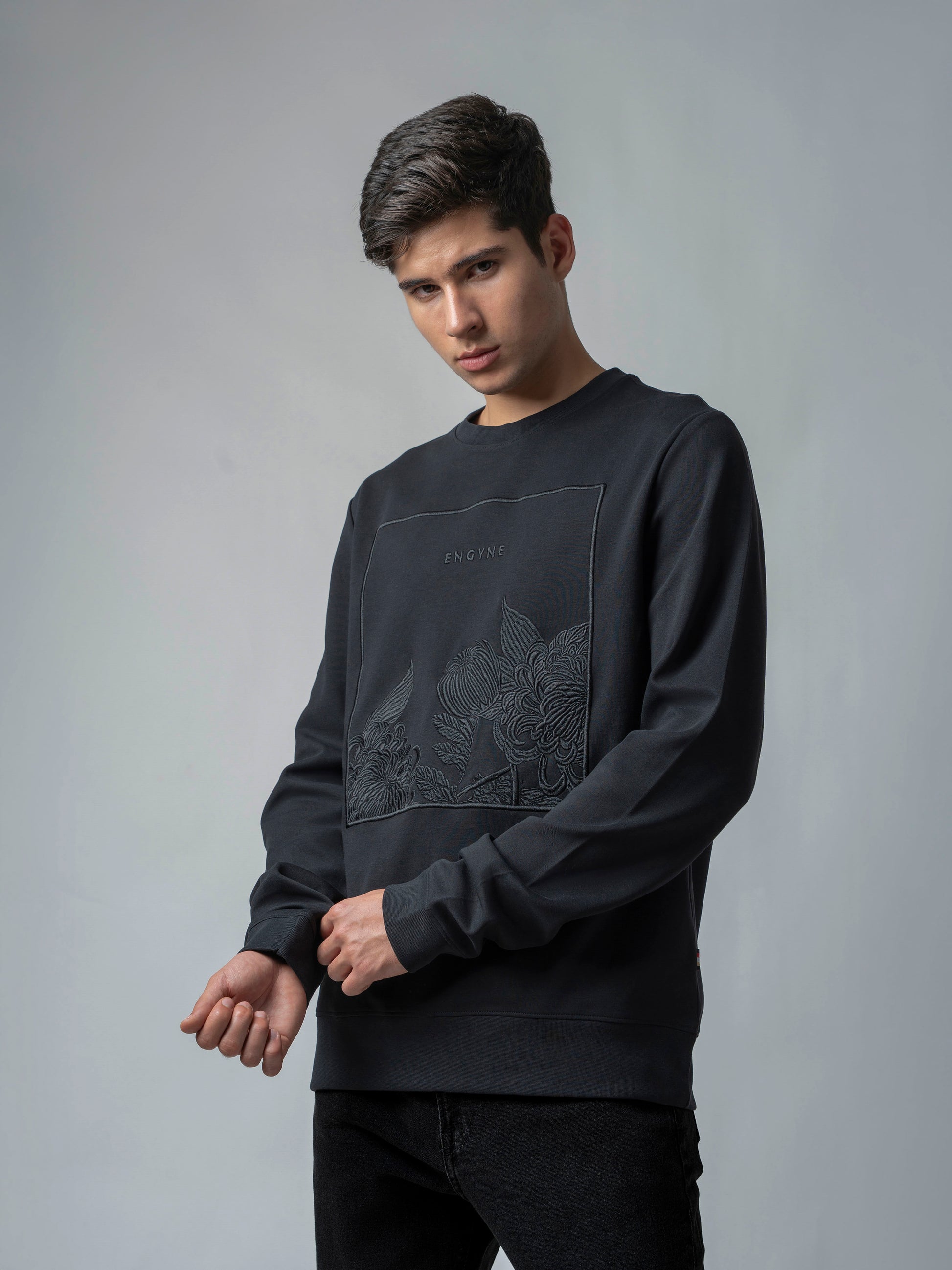 Crew Neck Black Sweatshirt with Floral Chest Embroidery for Men