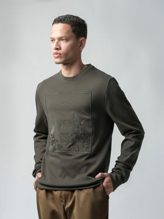 Olive Green Sweatshirt with Floral Chest Embroidery for Men 