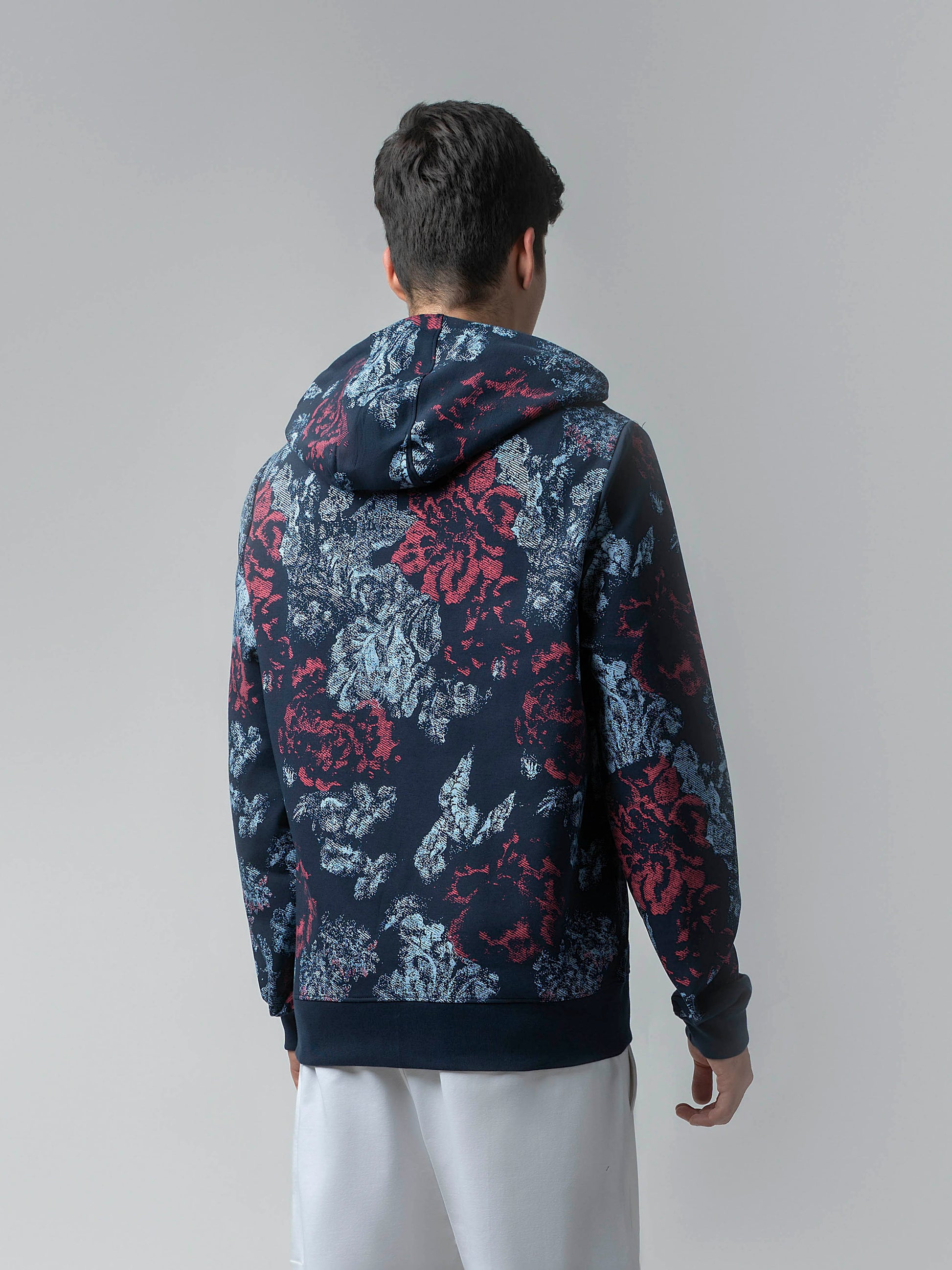 All-Over Discharge Navy Printed Hoodie Zipper Sweatshirt