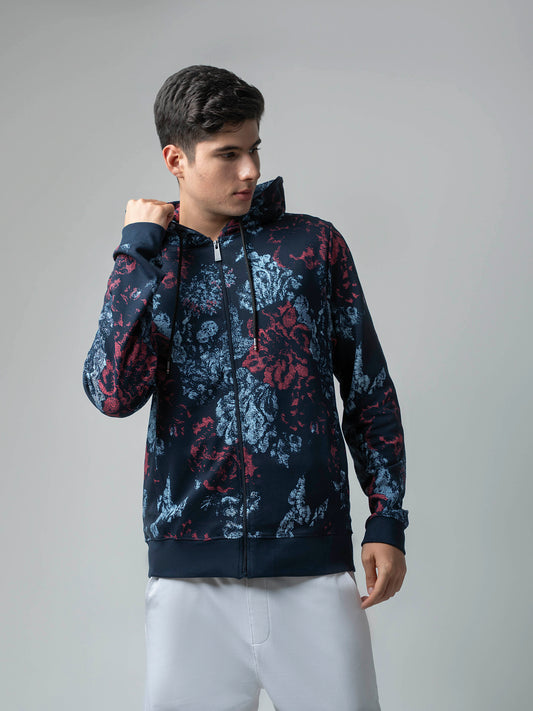 All-Over Discharge Navy Printed Hoodie Zipper Sweatshirt