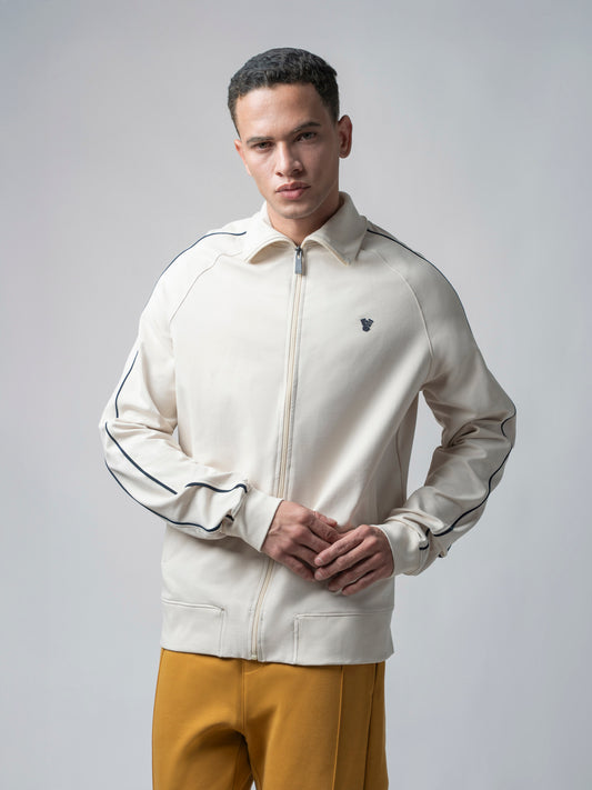 High Neck Zipper Beige Sweatshirt with Contrast Piping for Men