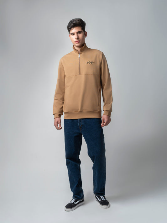 Khaki Half Zip Sweatshirt with Silicon HD Chest Print