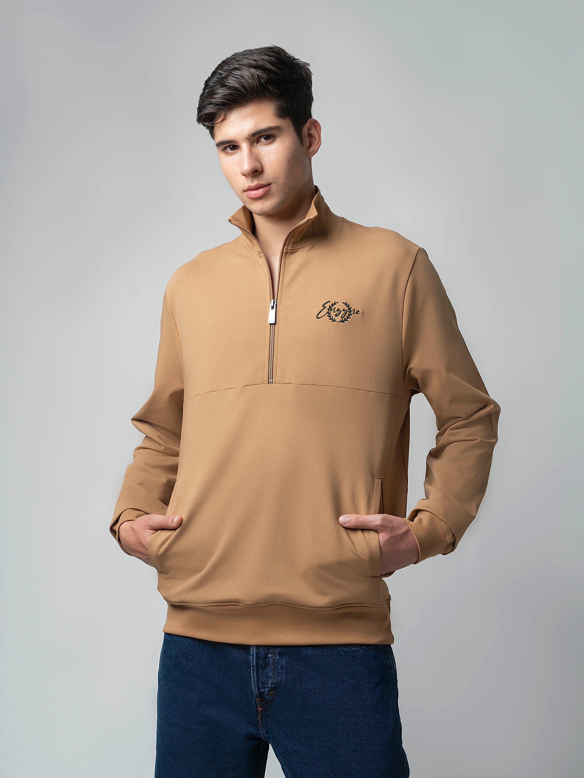 Khaki Half Zip Sweatshirt with Silicon HD Chest Print