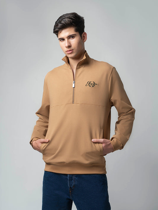 Khaki Half Zip Sweatshirt with Silicon HD Chest Print