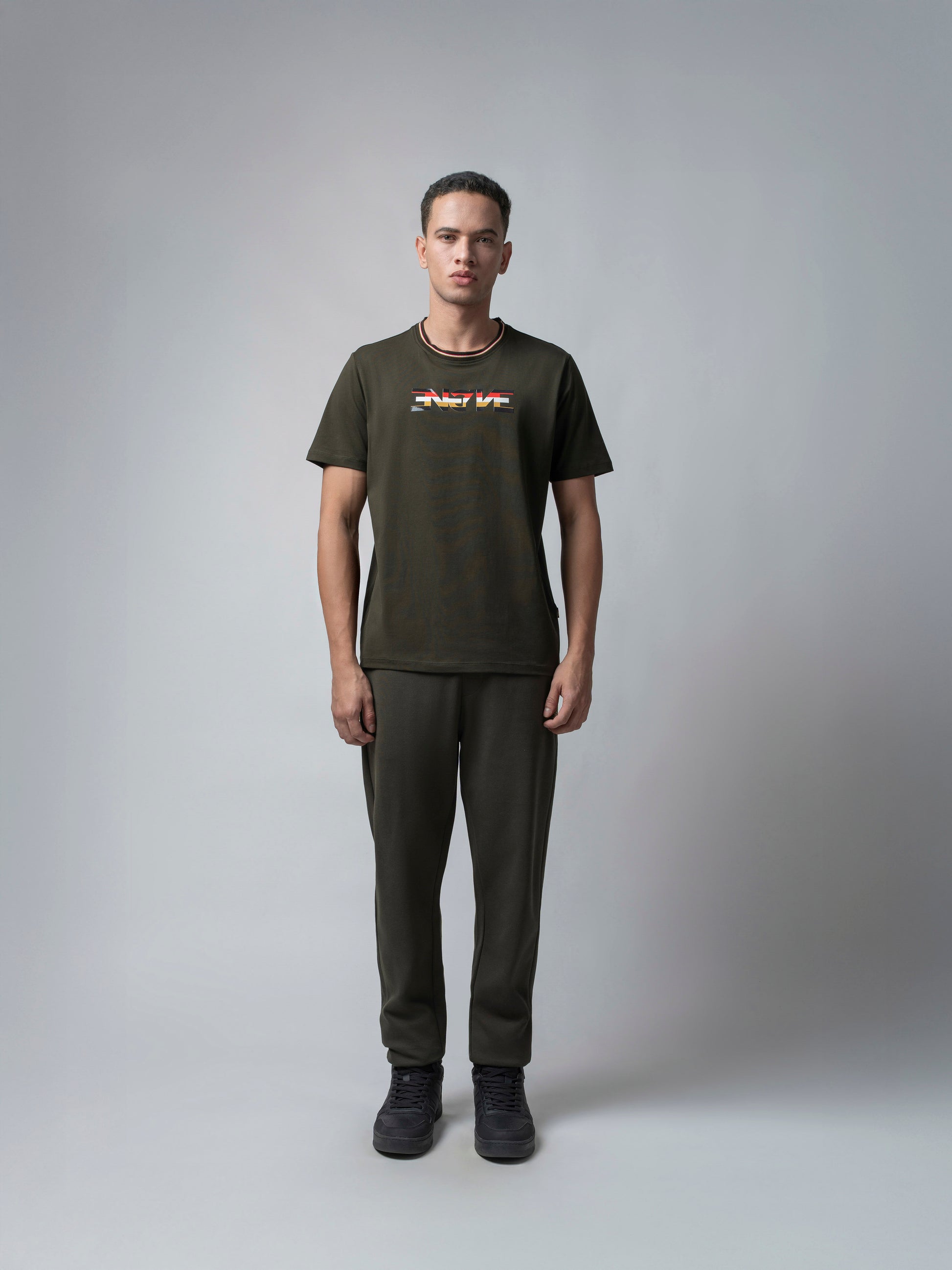 Olive Mens Track Pants With Contrast HD Print