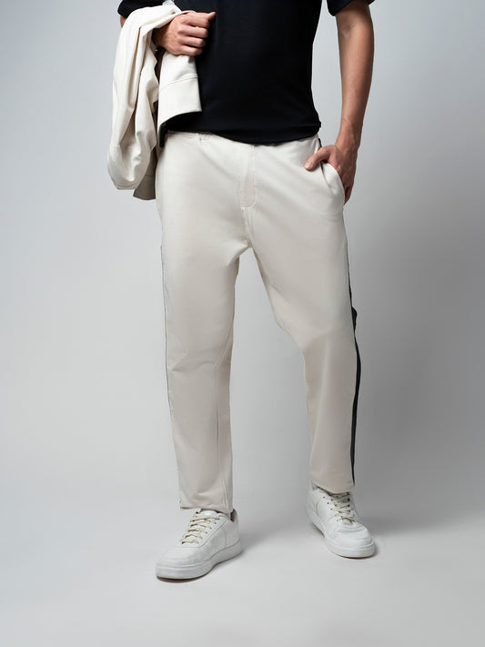 Cotton Beige Track Pant with Contrast Woven Side Tape