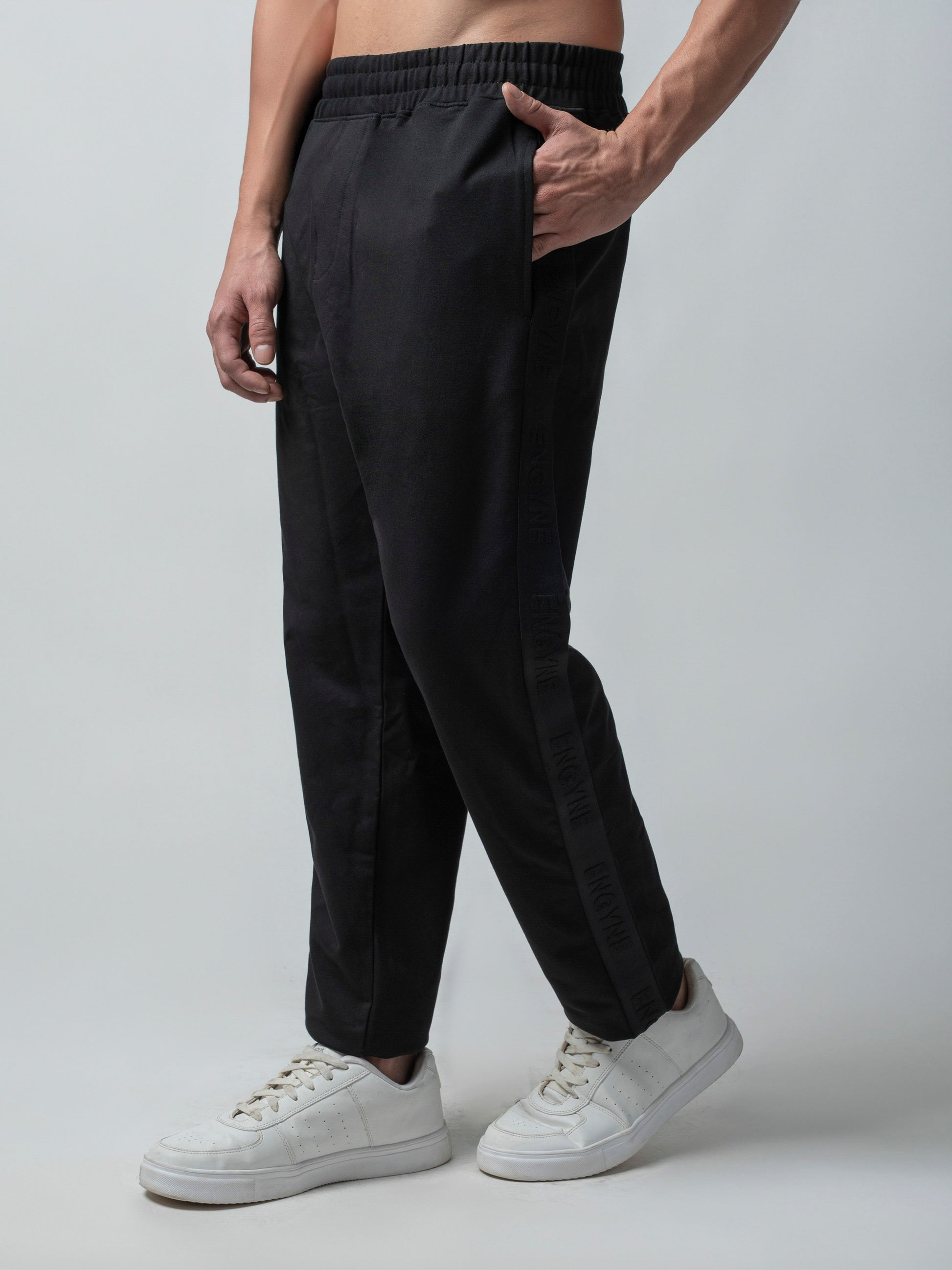 Rougen Cotton Black Tracksuit Pants With Woven Side Tape