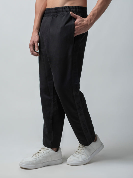 Rougen Cotton Black Tracksuit Pants With Woven Side Tape